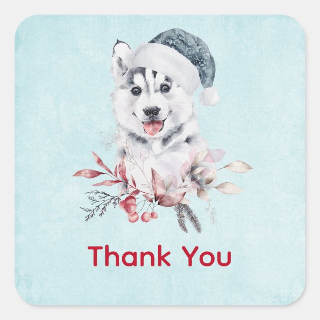 Sticker Carré Chien de Noël Husky dans un chapeau de Père Noël (Devant)