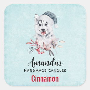 Sticker Carré Chien de Noël Husky dans une bougie de Père Noël