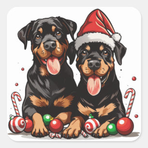 Sticker Carré Chien de Noël Rottweiler Père Noël