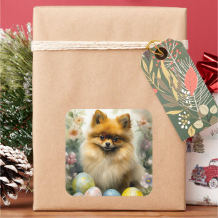 Sticker Carré Chien de Poméranie avec oeufs de Pâques vacances