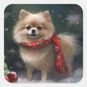 Sticker Carré Chien de Poméranie en Noël de neige