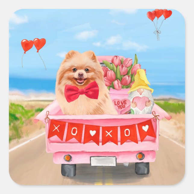 Sticker Carré Chien de Poméranie Saint Valentin Coeurs de Camion (Devant)