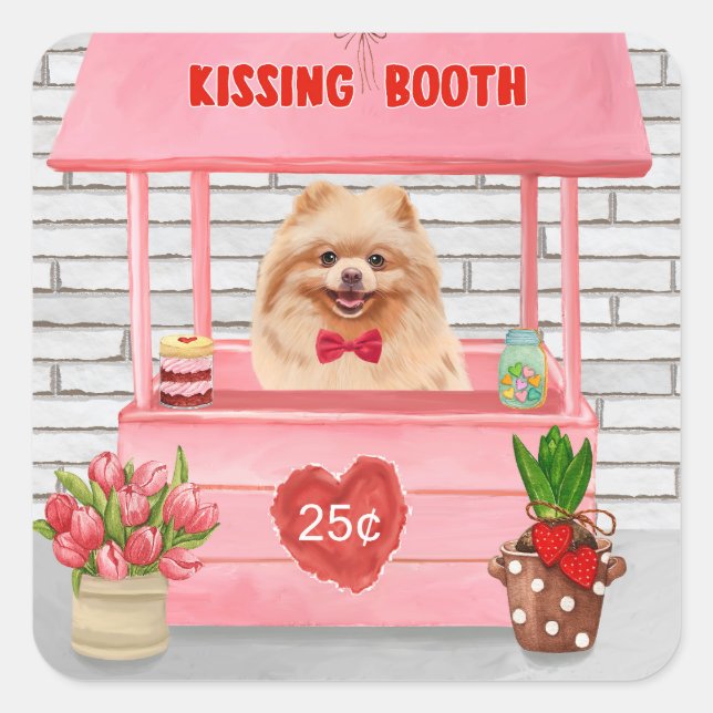 Sticker Carré Chien de Poméranie Valentine's Day Kissing Booth (Devant)