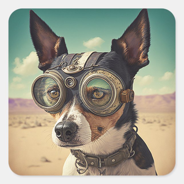 Sticker Carré Chien de Rat de Steampunk Terrier dans le désert (Devant)