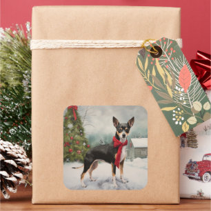 Sticker Carré Chien de Rat Terrier à Noël de neige