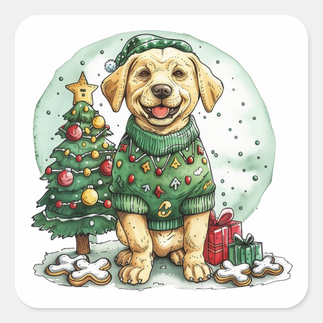 Sticker Carré Chien de rétritrice de Noël Jaune Labrador (Devant)