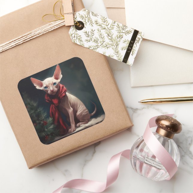 Sticker Carré Chien de Sphynx à Noël de neige (Cadeaux)