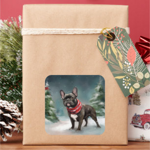 Sticker Carré Chien de taureau français à Noël de neige