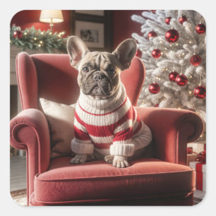 Sticker Carré Chien de taureau français de Noël sur une chaise r