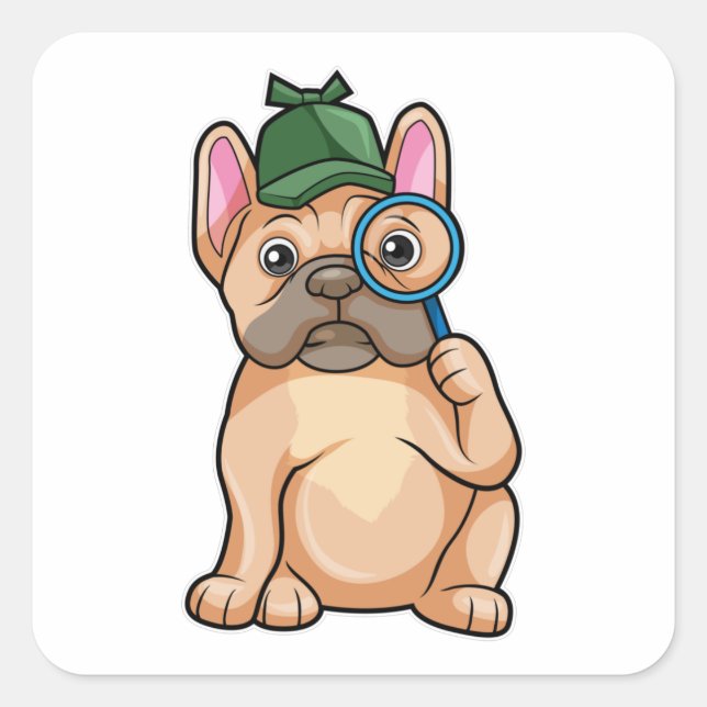 Sticker Carré Chien de taureau français en détective avec du ver (Devant)