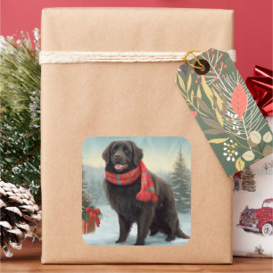 Sticker Carré Chien de Terre-Neuve à Noël de neige