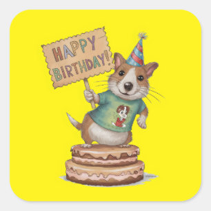 Sticker Carré Chien debout sur le gâteau tenant un joyeux signe 