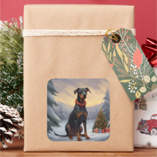 Sticker Carré Chien Doberman pendant Noël de neige
