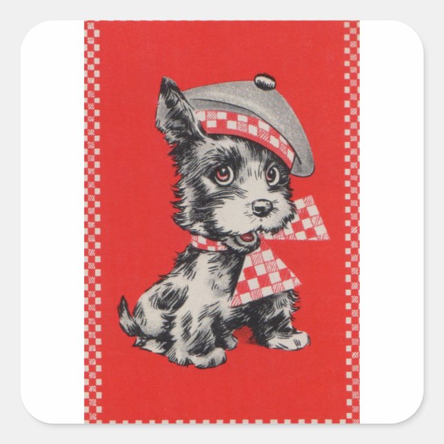 Sticker Carré Chien écossais des années 1950 en rouge (Devant)