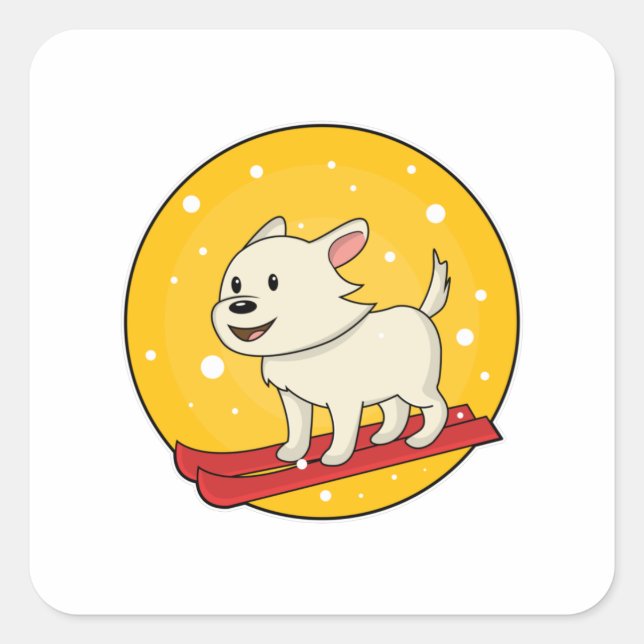 Sticker Carré Chien en Skier avec Ski (Devant)