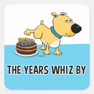 Sticker Carré Chien faisant pipi sur le gâteau d'anniversaire :