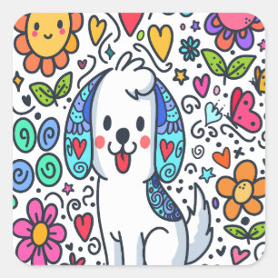 Sticker Carré Chien gribouillé, fleurs, cœurs et papillons