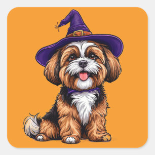 Sticker Carré Chien heureux portant un chapeau de sorcière