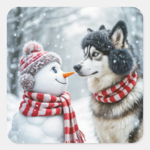 Sticker Carré Chien Husky Avec Snowman