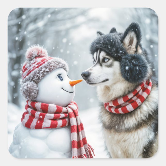 Sticker Carré Chien Husky Avec Snowman (Devant)