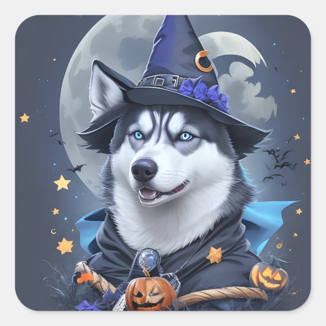 Sticker Carré Chien Husky Enchanted : Délice d'Halloween magique (Devant)