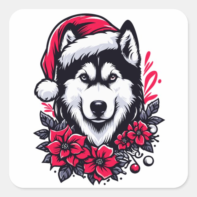 Sticker Carré Chien Husky Festif Floral avec Chien de Noël Chien (Devant)