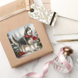 Sticker Carré Chien Husky Sibérien dans la neige de Noël