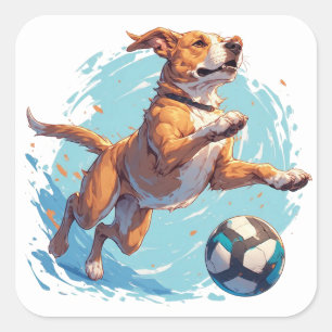 Sticker Carré Chien joueur donnant un coup de pied au ballon de