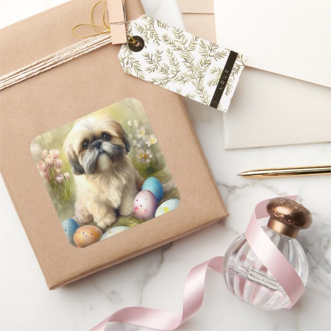 Sticker Carré Chien Lhassa Apso avec oeufs de Pâques vacances (Cadeaux)