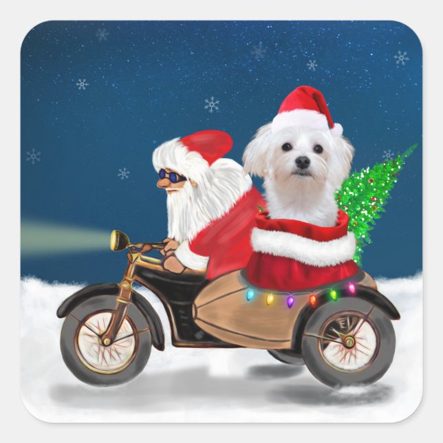 Sticker Carré Chien maltais Noël Père Noël (Devant)