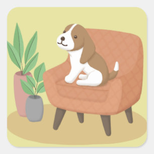 Sticker Carré Chien mignon, chaise et plantes Illustration Art