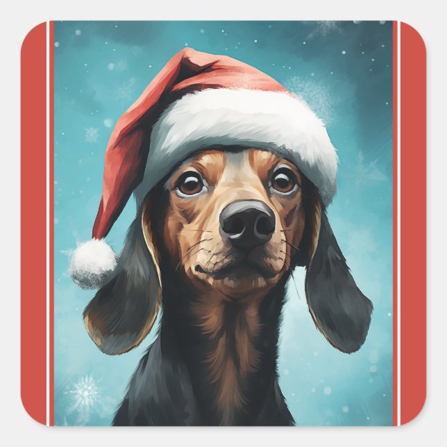 Sticker Carré Chien mignon portant le chapeau du Père Noël Dachs (Devant)