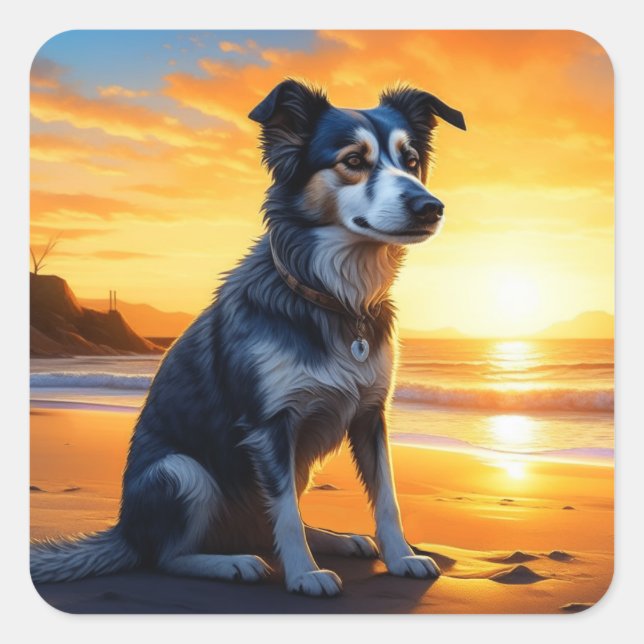 Sticker Carré Chien mignon sur la plage au coucher du soleil (Devant)