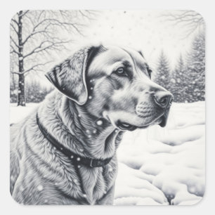 Sticker Carré Chien noir et blanc AI Croquis hiver scène