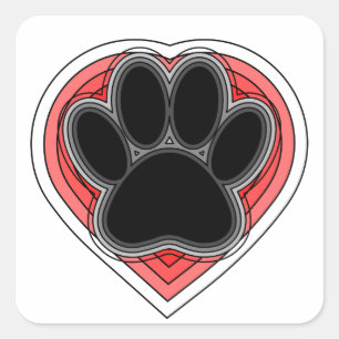 Sticker Carré Chien Paw Dans Le Coeur Rouge Avec Les Outlines