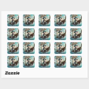 Sticker Carré Chien pirate sur un navire en mer couleurs bleu An
