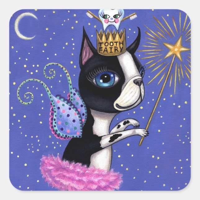 Sticker Carré Chien poilu de dents Boston Terrier Pink Tutu Crow (Devant)