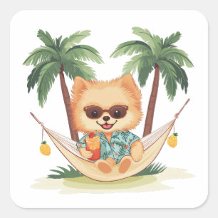 Sticker Carré Chien Poméranien Dans Une Chemise Hawaïenne Hammoc