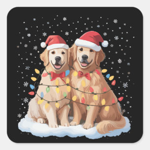 Sticker Carré Chien Retriever doré Noël Chapeau de Père Noël Ren