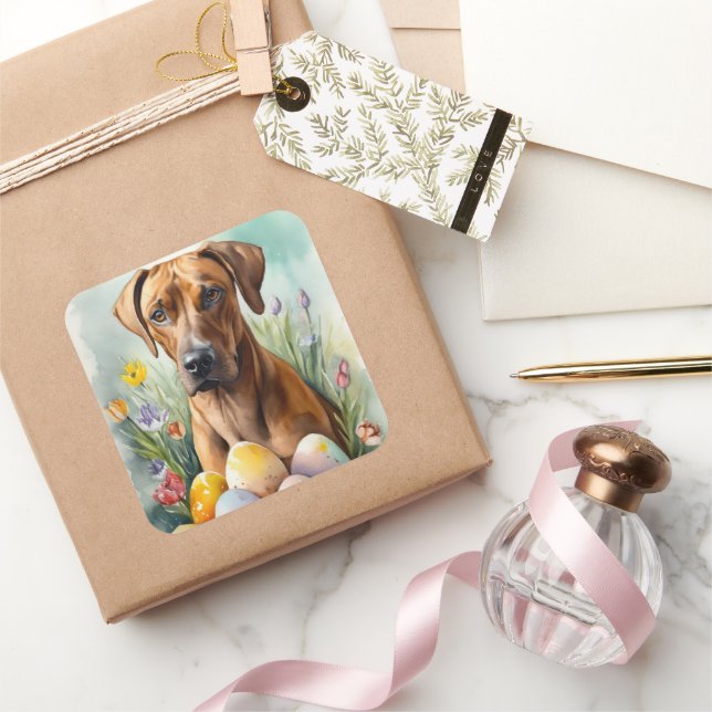 Sticker Carré Chien Rhodesian Ridgeback avec oeufs de Pâques vac (Cadeaux)