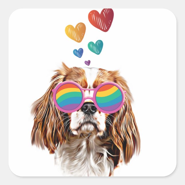 Sticker Carré Chien roi Cavalier avec coeur Saint Valentin (Devant)