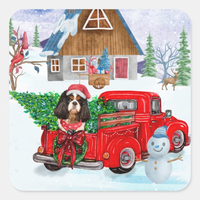 Sticker Carré Chien Roi Cavalier En Livraison De Noël Camion Nei (Devant)