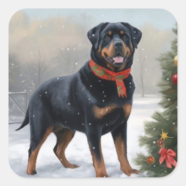 Sticker Carré Chien Rottweiler pendant Noël de neige (Devant)