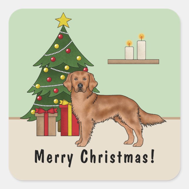Sticker Carré Chien rouge Golden Retriever avec sapin de Noël (Devant)
