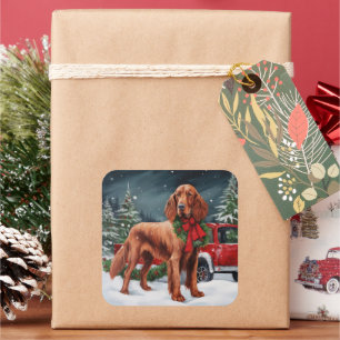 Sticker Carré Chien rouge irlandais à la neige Noël