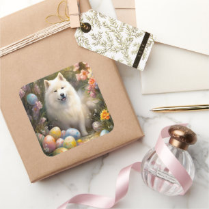 Sticker Carré Chien Samoyé avec oeufs de Pâques vacances