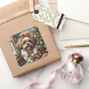 Sticker Carré Chien Shih Tzu adorable dans une tasse de Noël - A