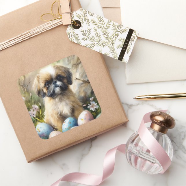 Sticker Carré Chien Shih Tzu avec Oeufs de Pâques Fête (Cadeaux)