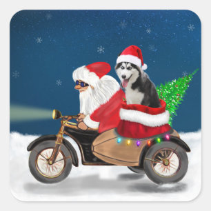 Sticker Carré Chien sibérien Husky Noël Père Noël