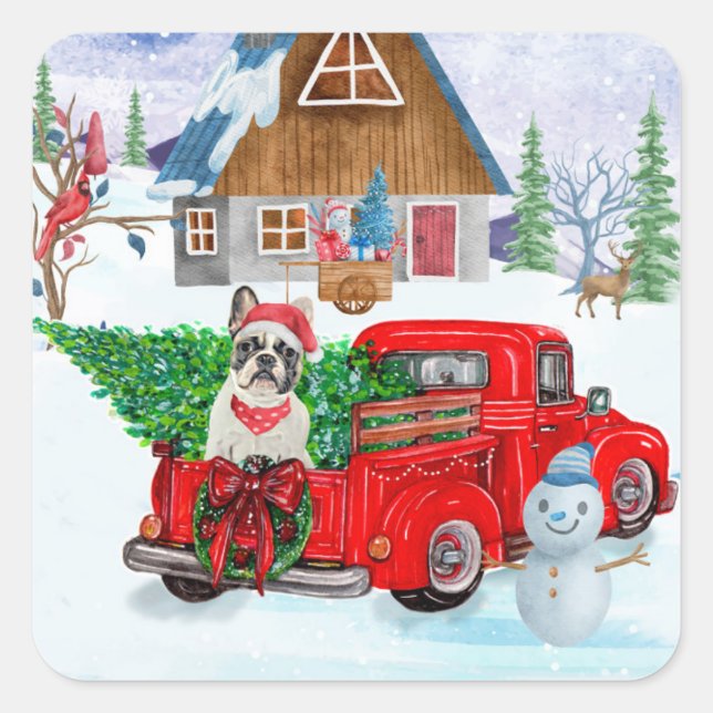 Sticker Carré Chien-taureau français en livraison de Noël Camion (Devant)